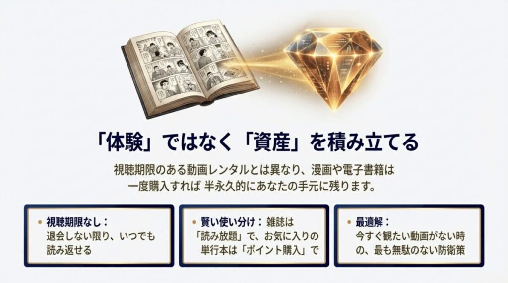 視聴期限のある動画と異なり、一度購入した漫画は退会しない限りいつでも読み返せる「資産」になることを解説するスライド。