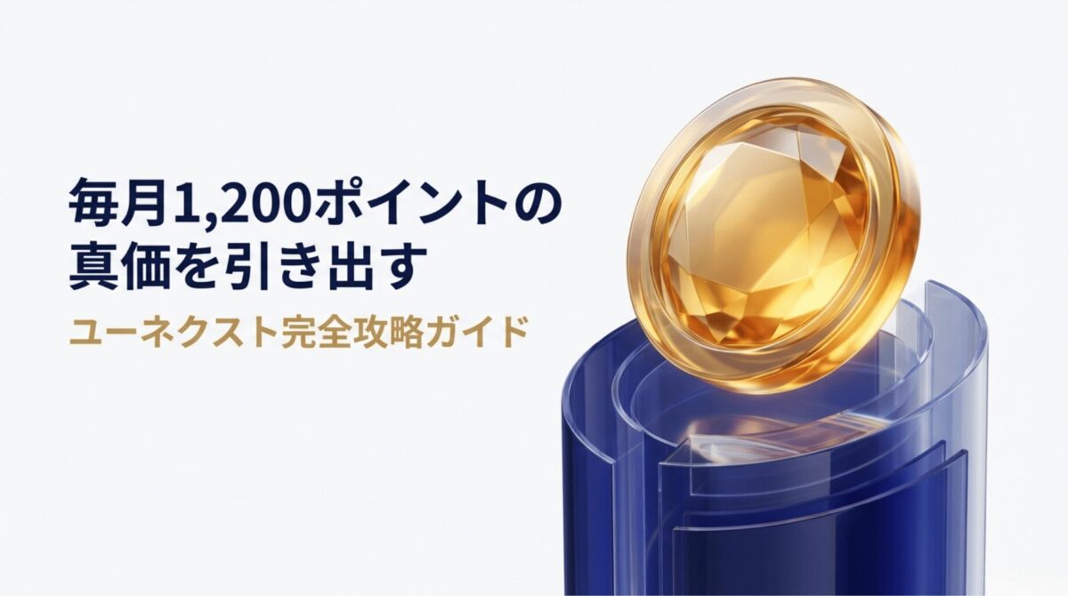 「毎月1,200ポイントの真価を引き出す ユーネクスト完全攻略ガイド」と書かれた、金色のコインが輝く表紙スライド。