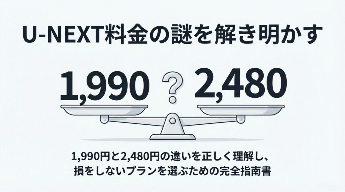 天秤に乗った1,990と2,480の数字。U-NEXTの料金の謎を解き明かし、損をしないプランを選ぶための完全指南書というタイトル。