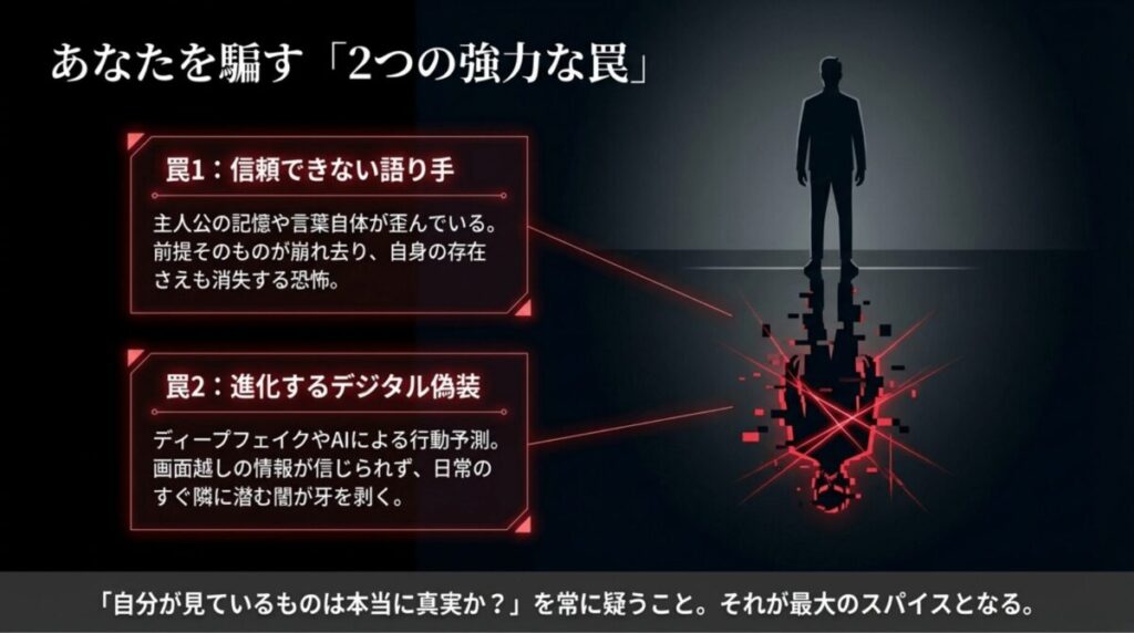 記憶が歪んだ「信頼できない語り手」と、ディープフェイク等の「進化するデジタル偽装」という2つの心理的罠の解説