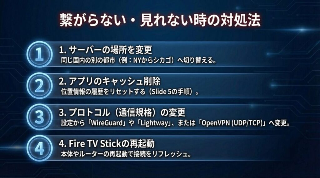 サーバー変更、キャッシュ削除、プロトコル変更、本体再起動という、動画が見られない時の具体的な解決策。