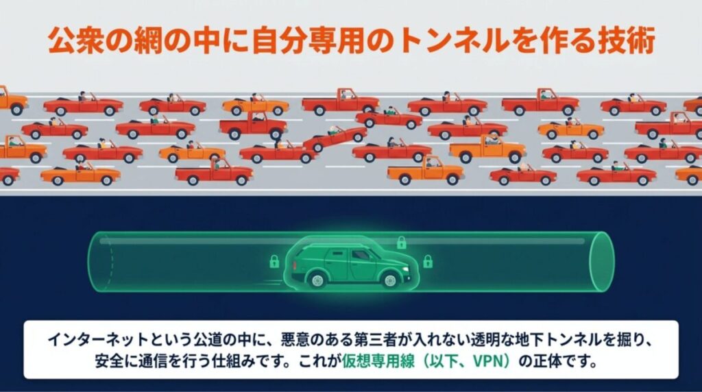 公道を走る多くの車の下に、自分専用の緑色の地下トンネルを掘り、そこを安全な車が走っている図解。