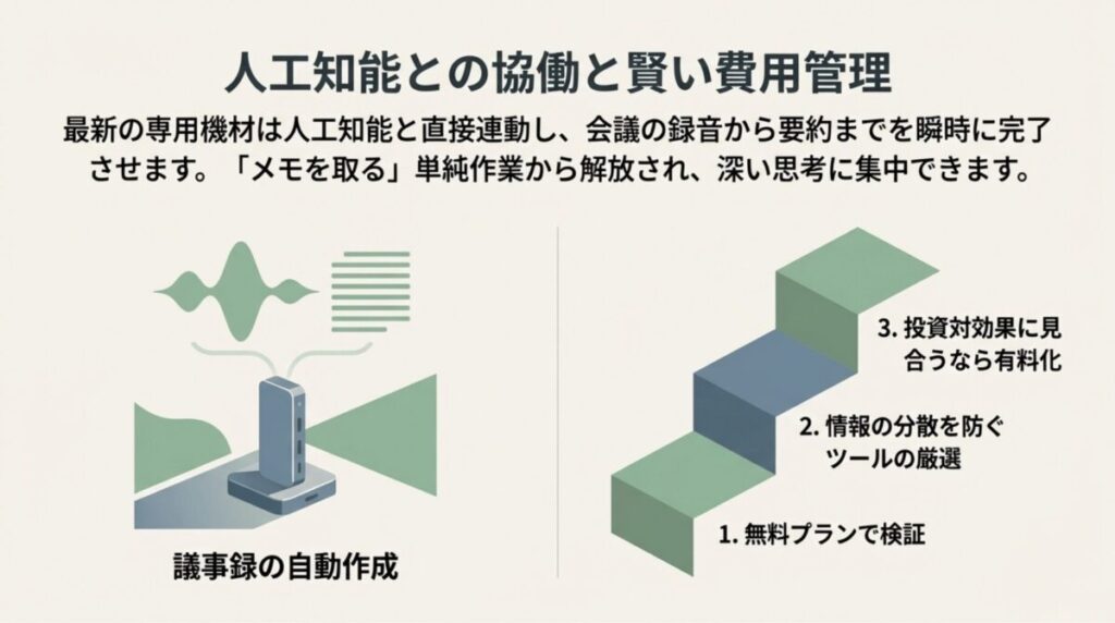 AIによる議事録の自動作成と、無料プランから有料化への投資対効果を見極める3ステップ。