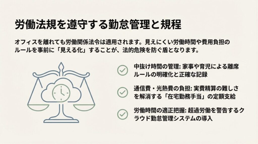 中抜け時間の管理、費用負担、労働時間の適正把握など、法的リスクを防ぐためのルール構築のポイント。