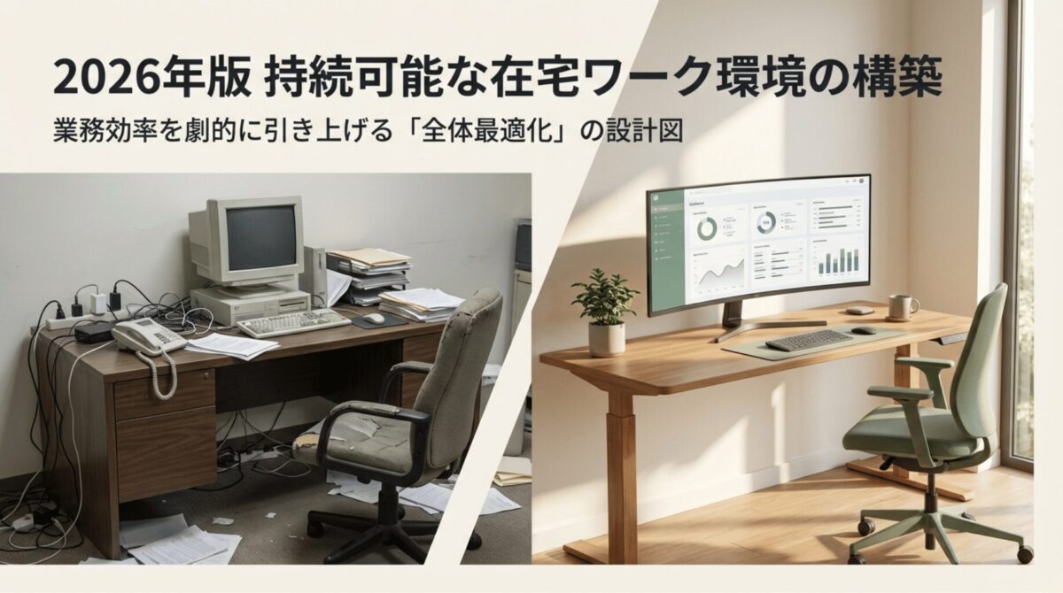 2026年版の持続可能な在宅ワーク環境構築と業務効率を劇的に引き上げる全体最適化の設計図を示す表紙スライド。