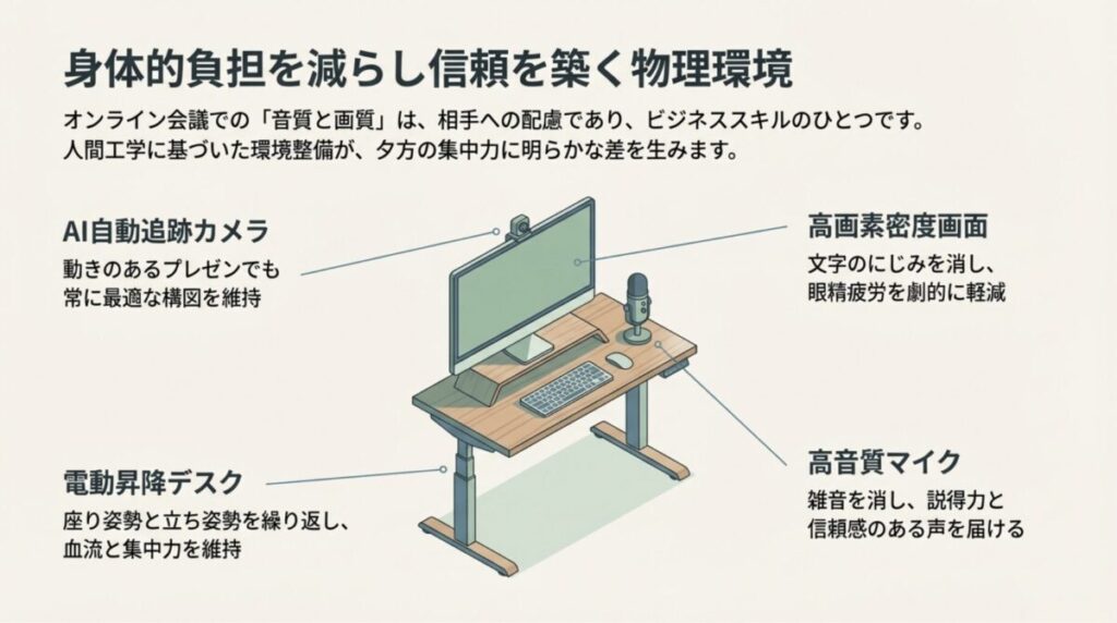 AI追跡カメラ、高解像度画面、電動昇降デスク、高音質マイクがもたらす集中力維持と信頼構築のメリット。 
