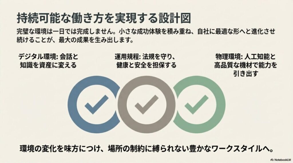 デジタル・運用・物理の各環境を自社に最適化し続け、場所の制約に縛られない豊かな働き方を実現するまとめスライド。
