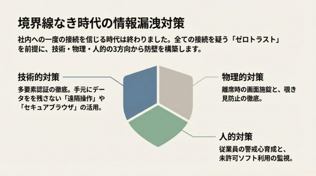 技術（多要素認証）、物理（画面施錠）、人的（監視・教育）の3方向から防壁を構築するゼロトラスト対策。