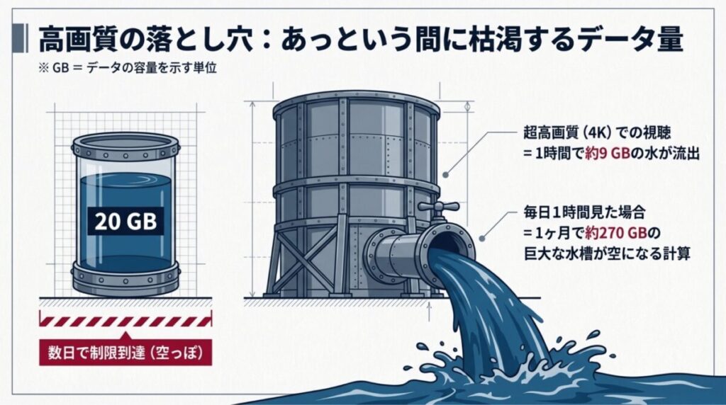4K動画を1日1時間視聴すると1ヶ月で約270GBのデータ量を消費し、数日でモバイル通信の制限に達することを示す水槽のイメージ図解