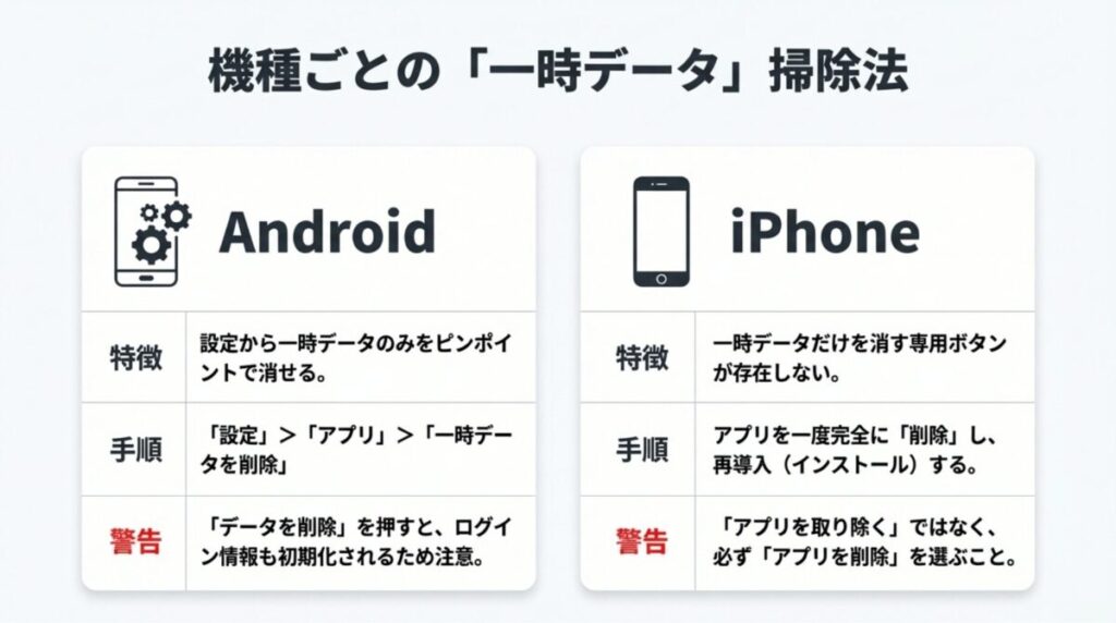 Androidの設定からキャッシュを削除する方法と、iPhoneのアプリ再インストールによるデータ整理手順を比較した比較表。