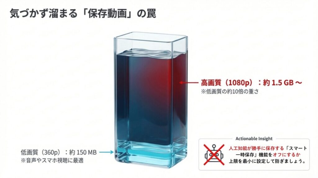 1080pと360pの保存容量の大きな違い（約10倍）と、AIによるスマート一時保存機能をオフにすることを推奨する図解。