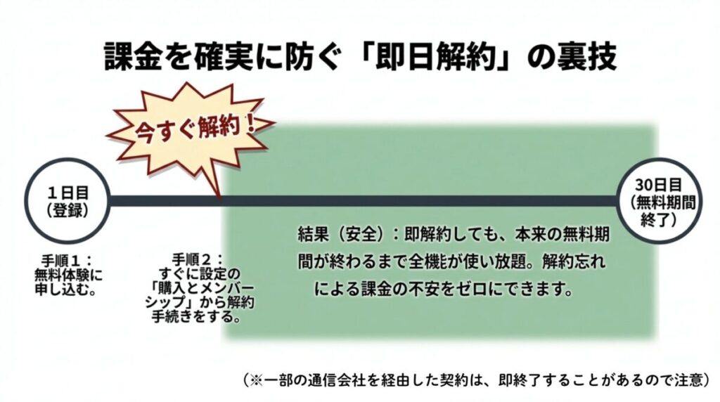 登録したその日に解約手続きをしても、無料期間終了まで機能が使い放題であることを説明するタイムライン図