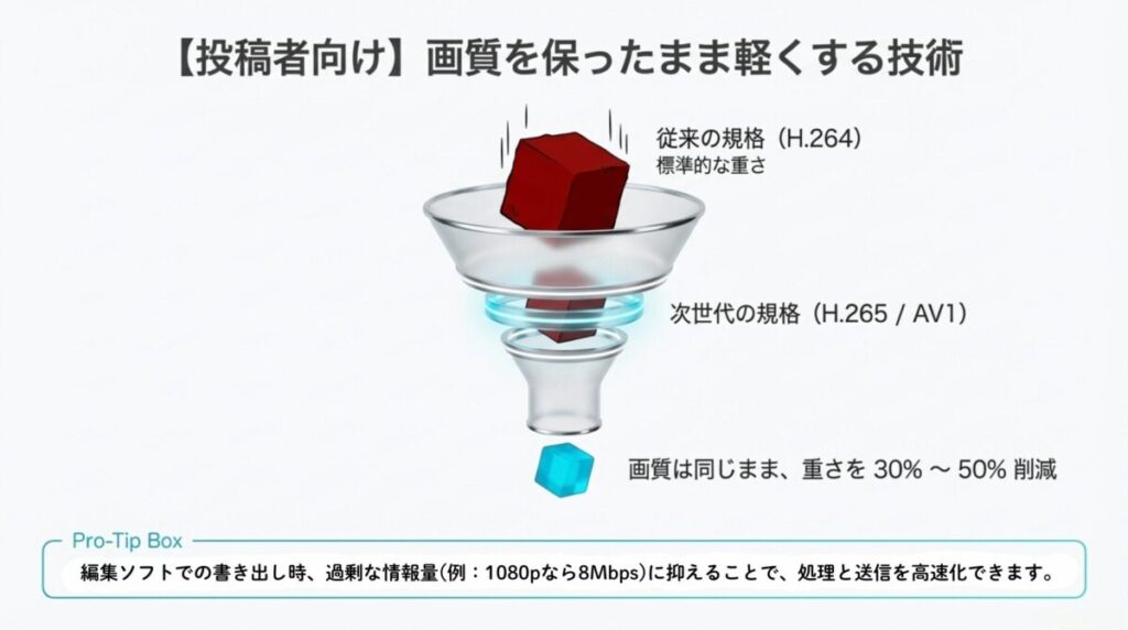 従来のH.264規格と、画質を維持したままデータ量を30%〜50%削減できる次世代規格H.265/AV1の圧縮効率の違いを比較した図解。