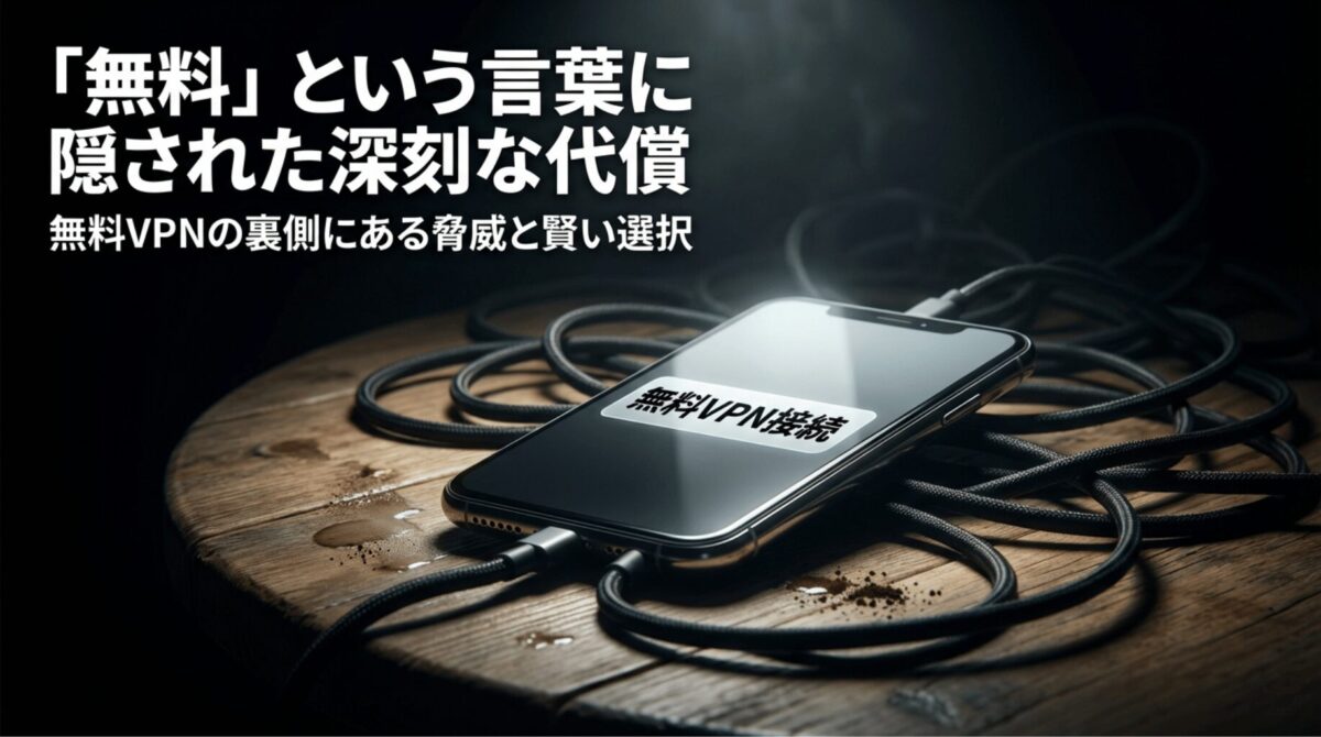 暗い卓上に置かれたスマートフォンへ複数のケーブルがつながり、「無料VPN接続」と表示された表紙スライド。無料VPNの裏側にある脅威と賢い選択を示している。