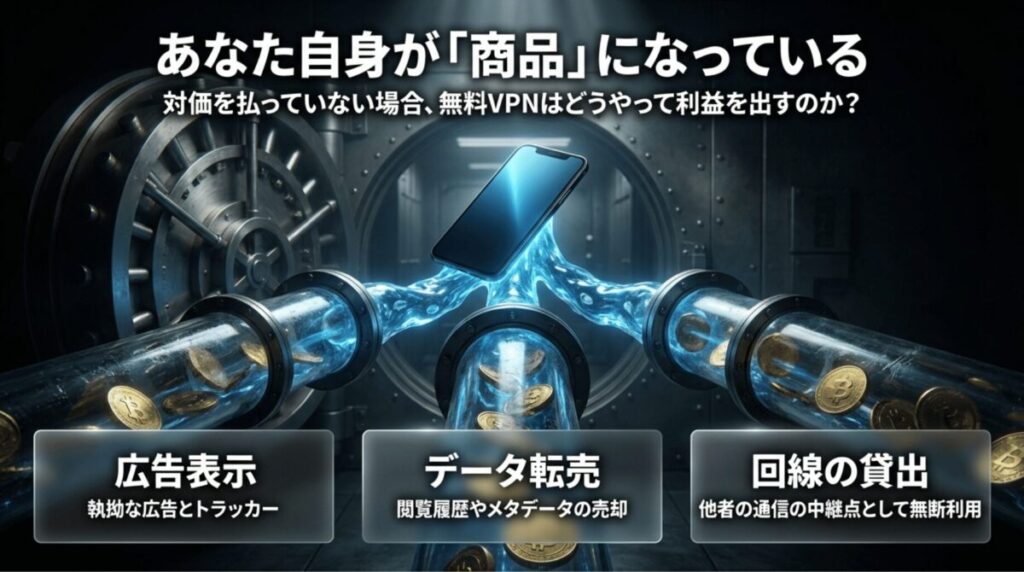 中央のスマートフォンから3本のパイプが伸び、無料VPNの収益源として「広告表示」「データ転売」「回線の貸出」の3つを示した図。