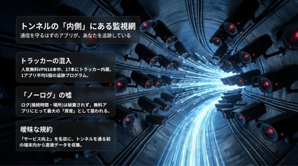 トンネル内に監視カメラが並ぶイメージで、無料VPNにおけるトラッカー混入、ノーログの虚偽、曖昧な規約によるデータ収集リスクを表現したスライド。