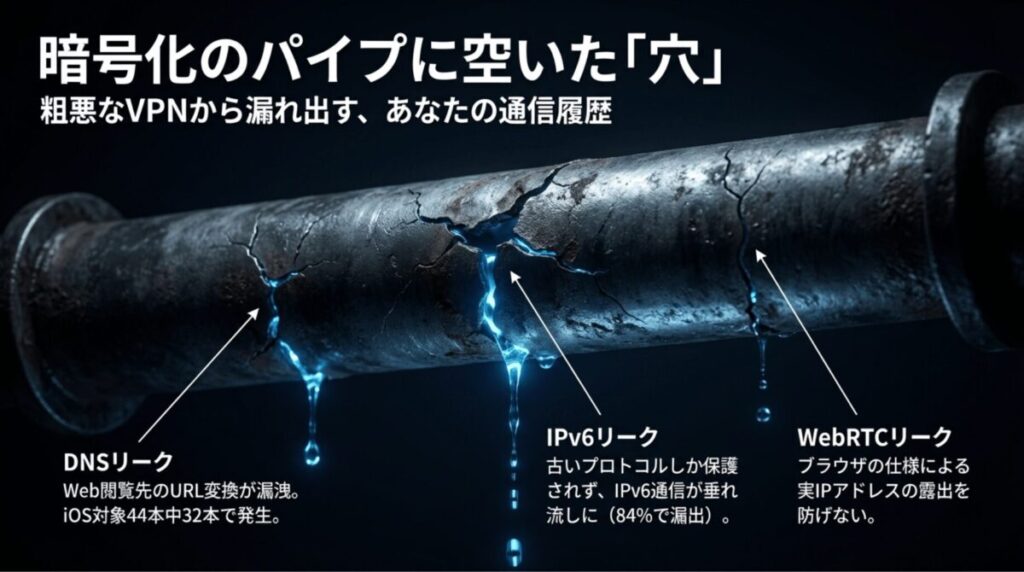 ひび割れたパイプから液体が漏れるビジュアルで、DNSリーク、IPv6リーク、WebRTCリークによってVPN利用中でも通信情報や実IPが漏れる危険を示した図。