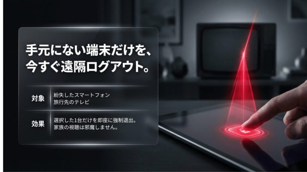 紛失したスマホや旅行先のテレビなど、手元にない端末だけをNetflixアカウントから遠隔ログアウトできることを説明したスライド。