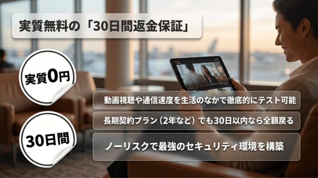 NordVPNの30日返金保証を実質無料のお試し方法として紹介するスライド。30日間使って合わなければ全額返金され、生活の中でじっくり試せることを示している