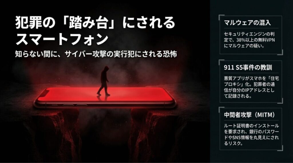 赤く光るスマートフォンの上を人影が歩く不穏なイメージで、マルウェア混入、911 S5事件、MITMによる情報窃取などの危険を示したスライド。