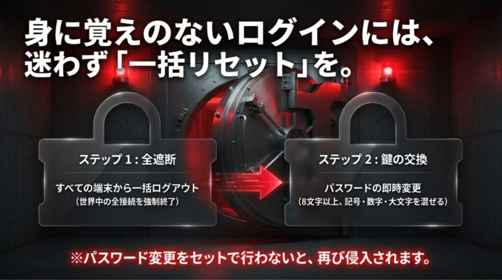 身に覚えのないログインがある場合に、Netflixで全デバイスを一括ログアウトし、その後パスワードを変更する必要性を示したスライド。