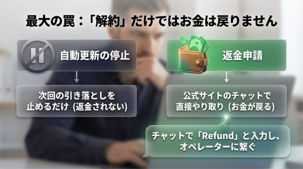 NordVPNの返金で注意すべき点を説明するスライド。自動更新の停止は次回請求を止めるだけで、返金を受けるには公式サイトのチャットでRefundと入力して申請が必要だと示している