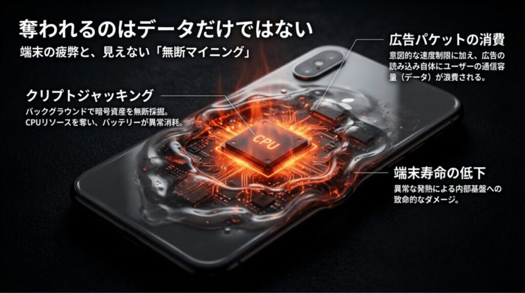 発熱したCPUを内蔵したスマートフォンのイメージで、クリプトジャッキング、広告通信によるデータ消費、端末への負荷や寿命低下の懸念を示した図。