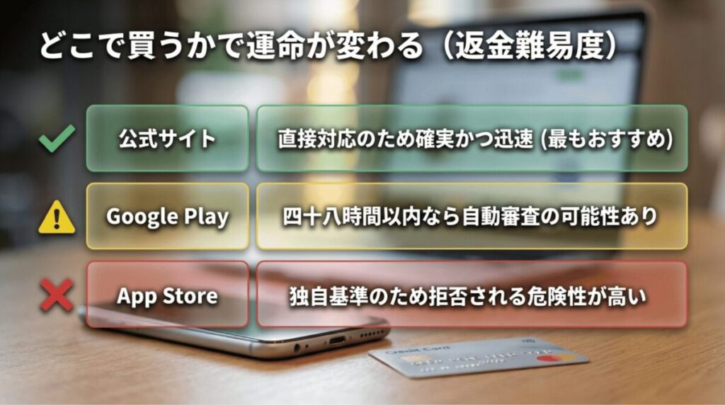 NordVPNの購入場所ごとの返金しやすさを比較したスライド。公式サイトは確実で迅速、Google Playは48時間以内なら自動審査の可能性があり、App Storeは独自基準で拒否される危険が高いと示している