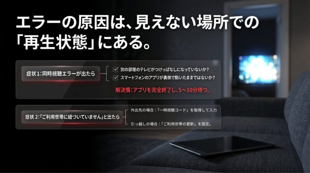 Netflixで同時視聴エラーが出る原因や、ご利用世帯に紐づいていないと表示された場合の対処の方向性を整理したスライド。
