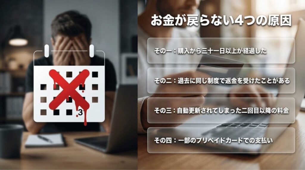 NordVPNで返金されない主な原因を4つに整理したスライド。30日超過、過去の返金履歴、自動更新後の料金、一部プリペイドカード決済が原因になることを示している