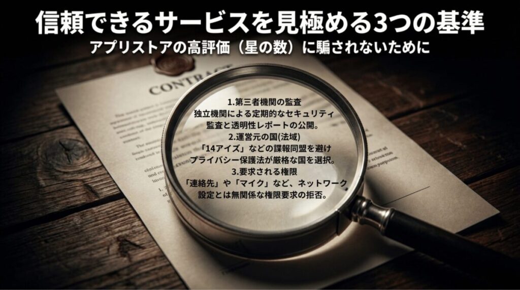 虫眼鏡で書類を拡大するイメージの上に、第三者監査、運営元の国、要求権限という3つの判断基準を示したスライド。