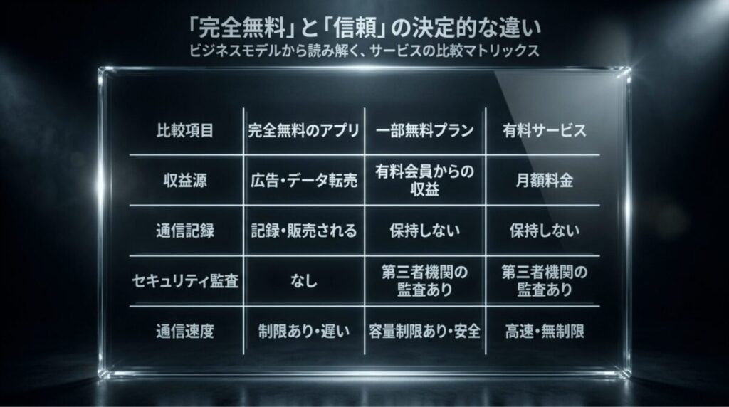 透明な比較ボード上に、完全無料アプリ、一部無料プラン、有料サービスを収益源、通信記録、監査、速度の観点で比較した表形式スライド。