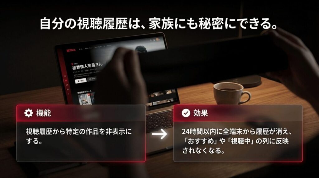 Netflixの視聴履歴から特定作品を非表示にし、24時間以内におすすめや視聴中の表示へ反映されなくなる効果を説明したスライド。