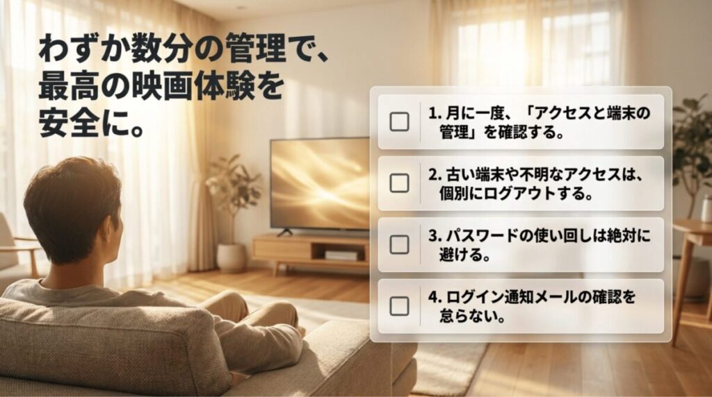 Netflixを安全かつ快適に使うために、月1回の端末確認、古い端末のログアウト、パスワード使い回し回避、ログイン通知確認をまとめたスライド。