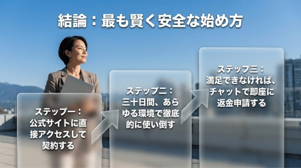 NordVPNを安全に始める3ステップを示した結論スライド。公式サイトから契約し、30日間しっかり試し、満足できなければチャットで返金申請する流れを説明している