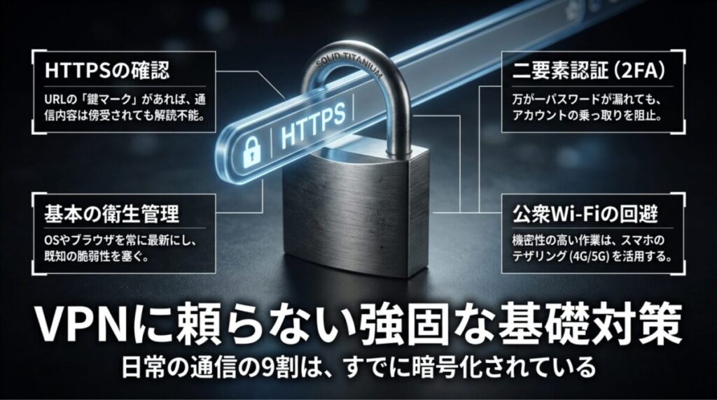 南京錠とHTTPSの表示を中心に、HTTPS確認、基本の衛生管理、二要素認証、公衆Wi-Fi回避など、VPN以外の基本対策をまとめたスライド。