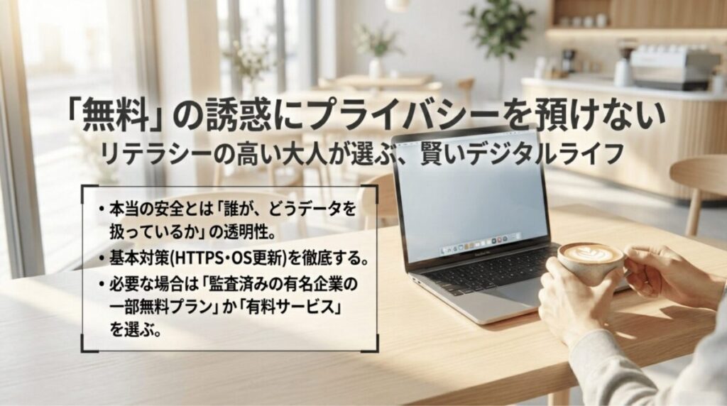 カフェのテーブルに置かれたノートPCと飲み物の穏やかな場面を背景に、無料VPNに安易に頼らず、基本対策と信頼できるサービス選びが重要だと締めくくるスライド。