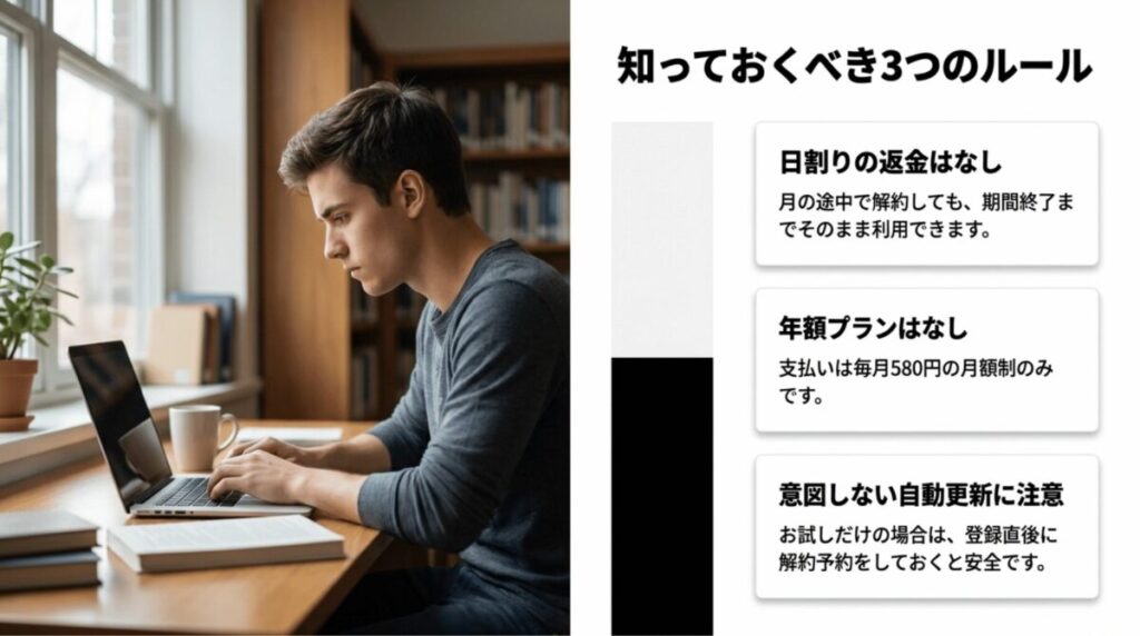 日割り返金なし、年額プランなし、自動更新への注意点をまとめた画