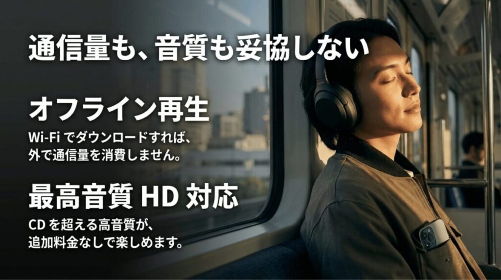 Amazon Music Unlimited学生プランでHD音質やオフライン再生を利用できるメリットを説明する画像