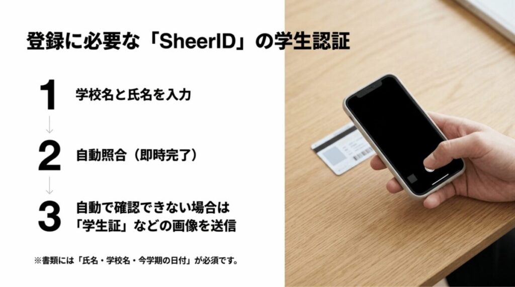 Amazon Music Unlimited学生プラン登録時に必要なSheerID学生認証の手順を示す画像