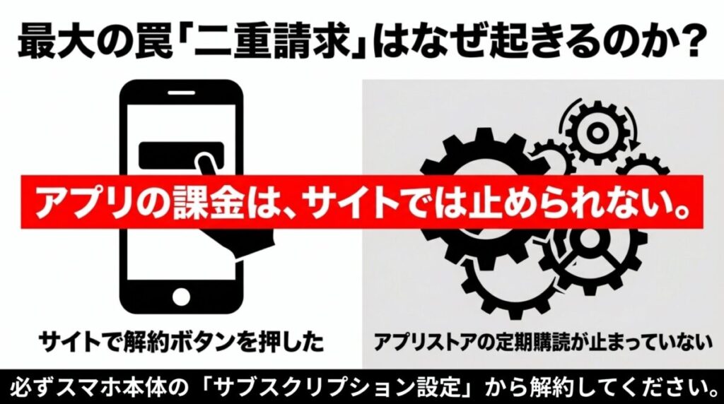 サイト上の解約ボタンだけではアプリストア（App Store等）の定期購読が止まらない仕組みと、端末のサブスクリプション設定を確認すべき点を図解したスライド。