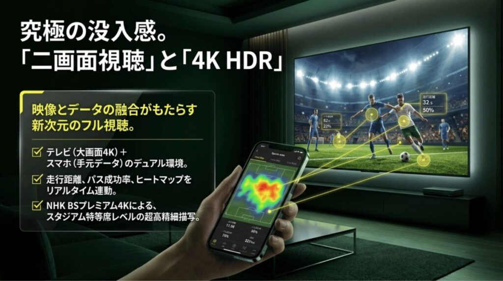 大画面テレビの4K映像と、スマホでのリアルタイム走行距離・ヒートマップ連動による二画面視聴の没入感についての解説。