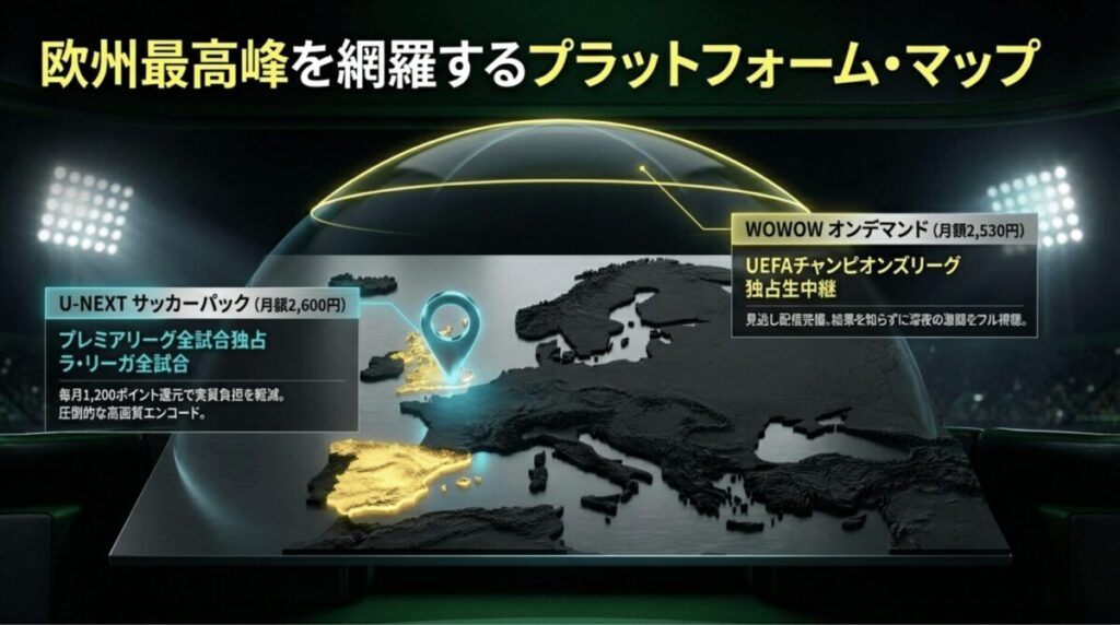 プレミアリーグ・ラ・リーガを網羅するU-NEXTサッカーパック（月額2,600円）と、チャンピオンズリーグを独占生中継するWOWOWオンデマンド（月額2,530円）のサービス詳細。
