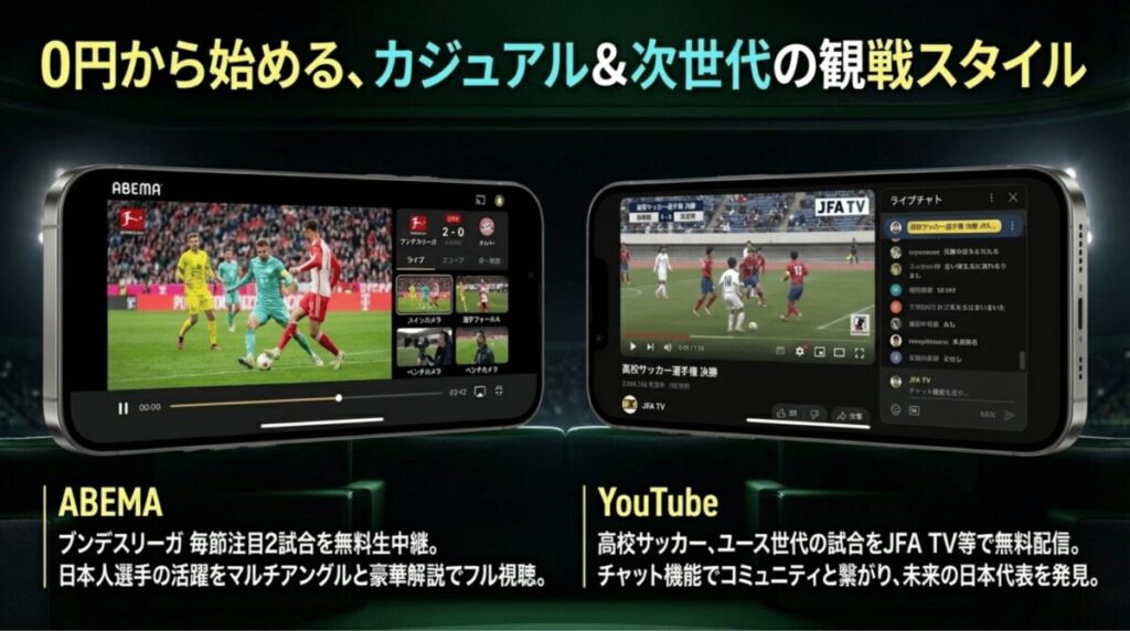 ブンデスリーガの注目試合を無料生中継するABEMAと、高校サッカー・ユース世代を配信するYouTube（JFA TV）のマルチデバイス視聴イメージ。