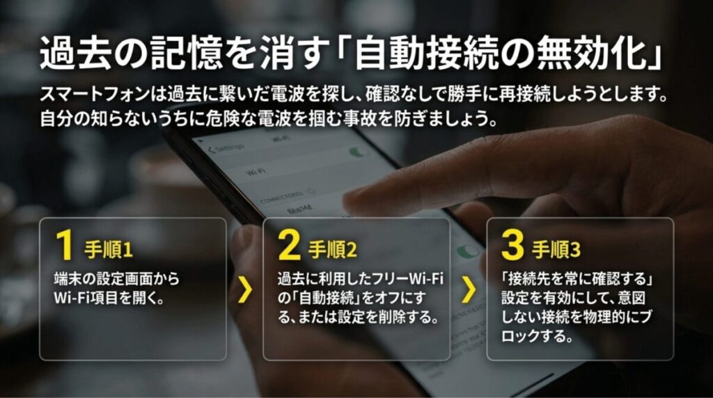 スマホのフリーWi-Fi自動接続を無効化する3ステップを示した設定解説スライド