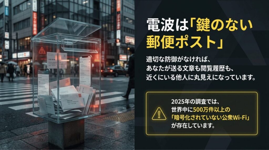 公衆Wi-Fiの電波を鍵のない郵便ポストにたとえ、盗聴リスクと暗号化されていないWi-Fiの多さを示すスライド