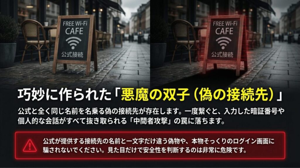 公式Wi-Fiと偽Wi-Fiを並べて、悪魔の双子によるなりすまし接続と中間者攻撃の危険を説明するスライド