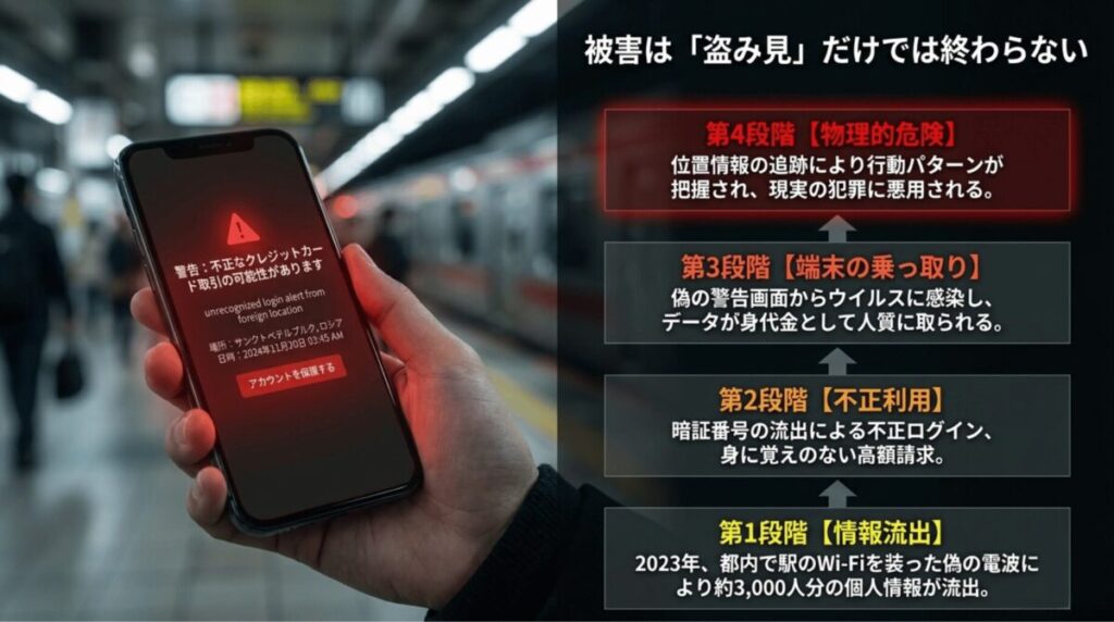 フリーWi-Fi被害が情報流出、不正利用、端末乗っ取り、位置情報悪用へ拡大する流れを示すスライド