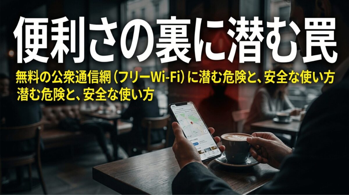 カフェでスマホを使う人物を背景に、フリーWi-Fiの危険性と安全な使い方を示した表紙スライド