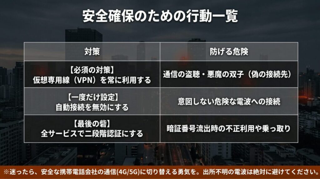 VPN利用、自動接続オフ、二段階認証の3対策を一覧化したフリーWi-Fi安全行動のまとめスライド